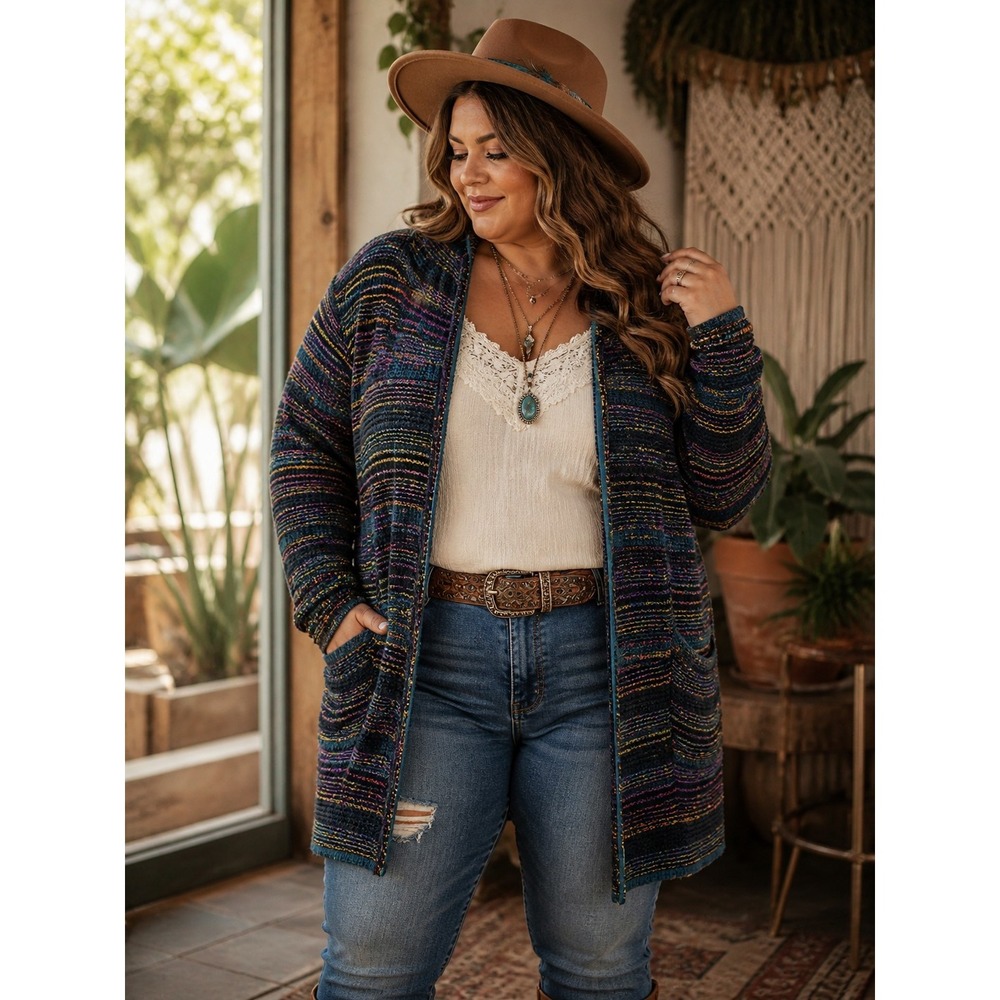 Soft Surroundings Women 1X Sweater Cardigan Hooded Jacket Blue Metallic Textured